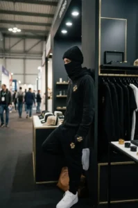 010 Boys stand at Indica Sativa 2026 in Bologna — masked model in black streetwear at the booth with apparel display and expo crowd in the background.