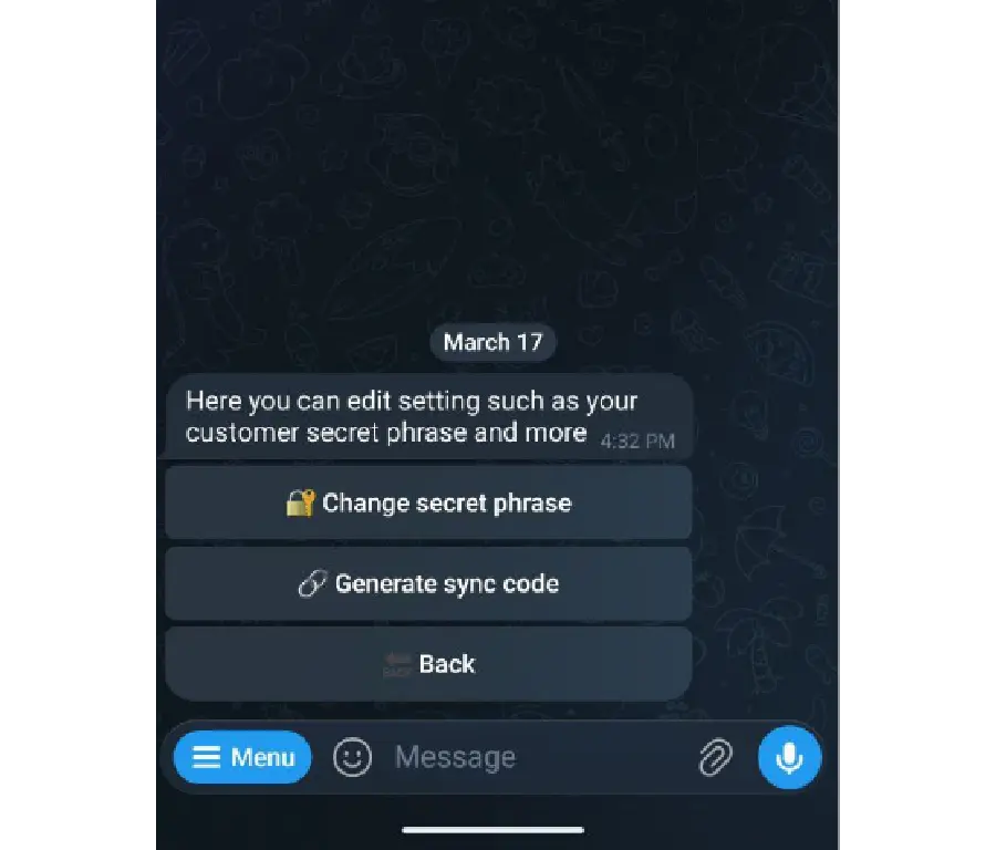The 10/10 Boys Telegram bot settings screen showing the Generate sync code button
