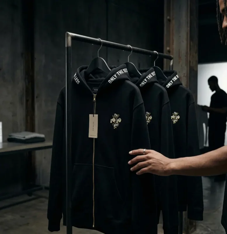 The 10/10 Boys latest hoodies on a curated rack in a premium backstage setting