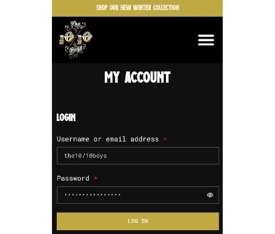 The 10/10 Boys My Account login page on mobile