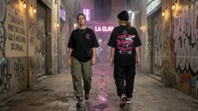 Two women wearing The 10/10 Boys oversized graphic t-shirts in an urban alley showing authenticity in streetwear