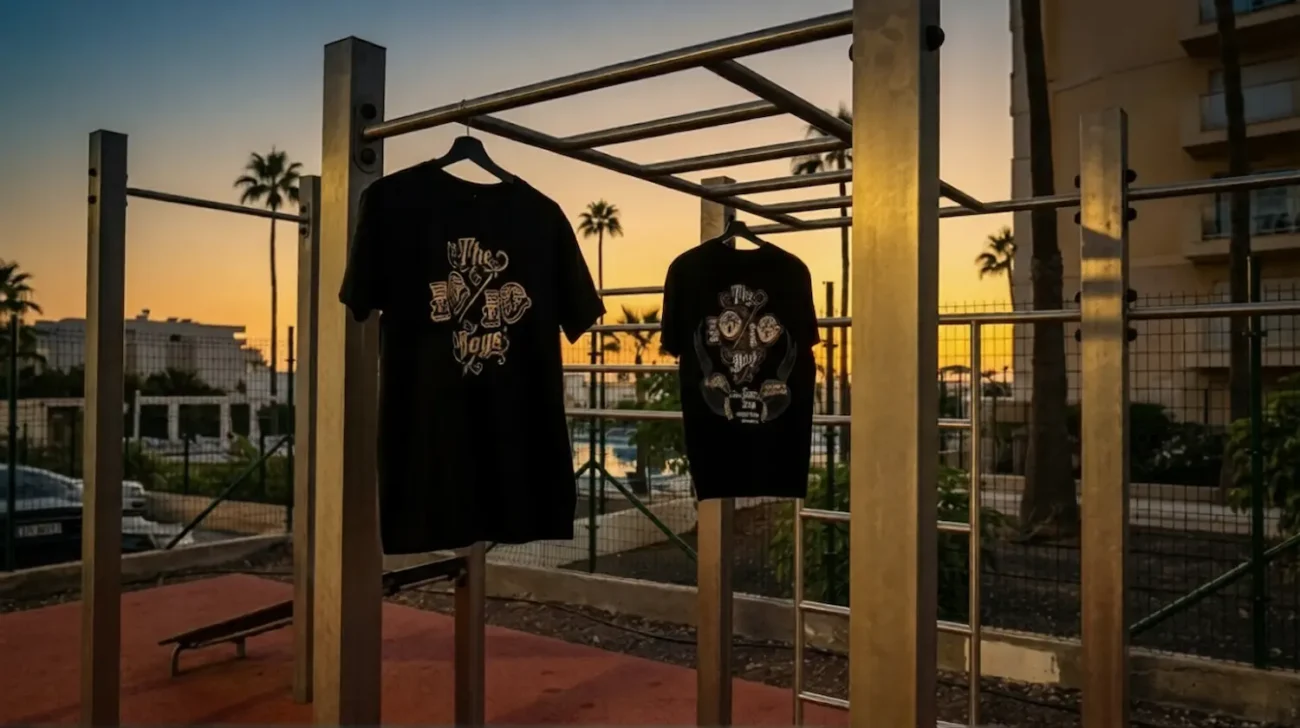 Black The 10/10 Boys t-shirts on an outdoor streetwear setup for spotting fake The 10/10 Boys products