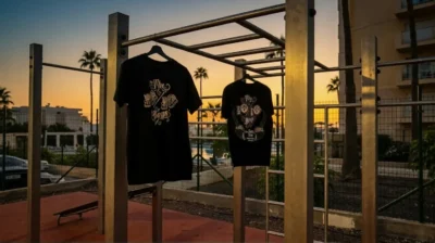 Black The 10/10 Boys t-shirts on an outdoor streetwear setup for spotting fake The 10/10 Boys products