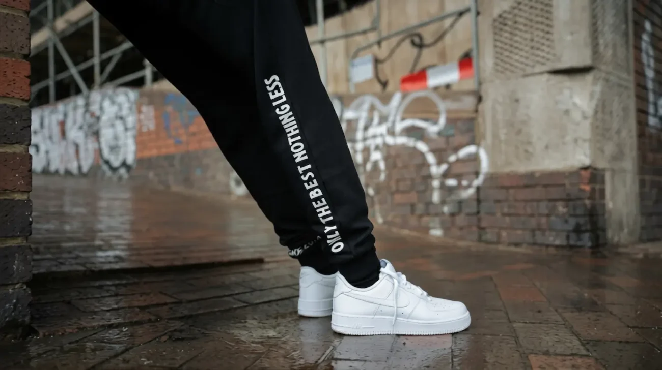 Trouser detail showing how to make clothes last longer with streetwear pieces that keep their shape and fit