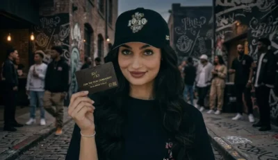 Woman wearing a The 10/10 Boys cap holding a 10/10 community membership card at a streetwear community event