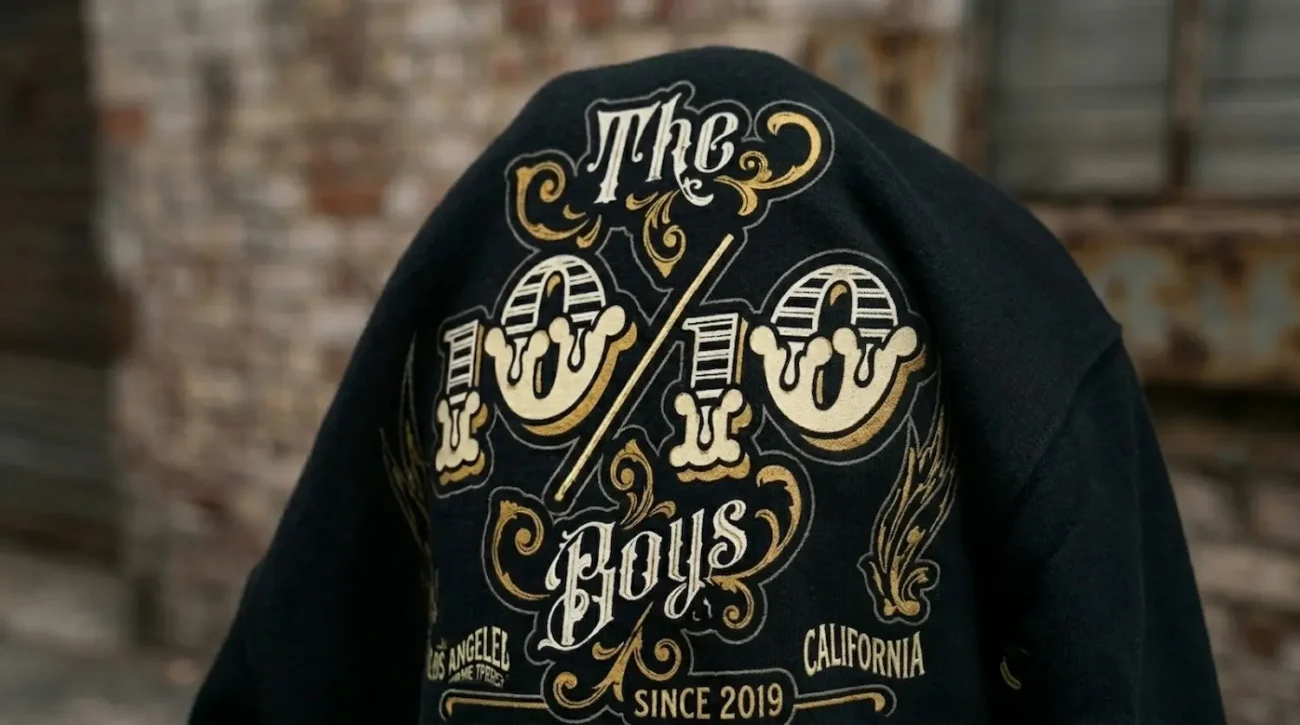 Close-up hoodie detail from The 10/10 Boys showing the quality and identity of an LA streetwear brand