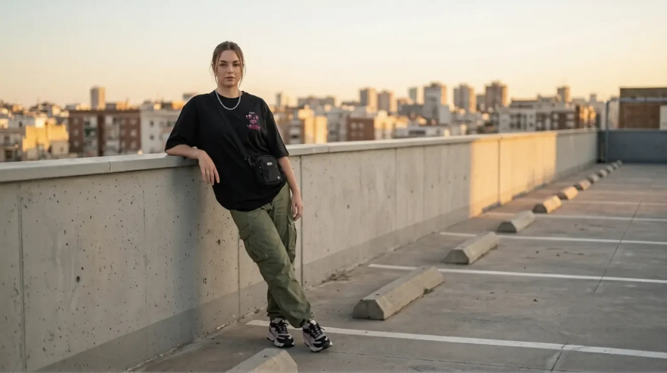Woman wearing a The 10/10 Boys oversized graphic t-shirt in a premium urban streetwear setting