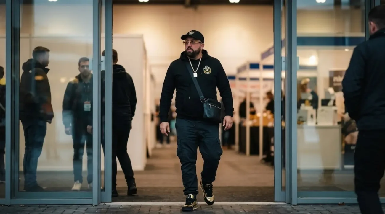 The 10/10 Boys streetwear look for arriving at Shisha Fair Frankfurt in a black hoodie and crossbody bag