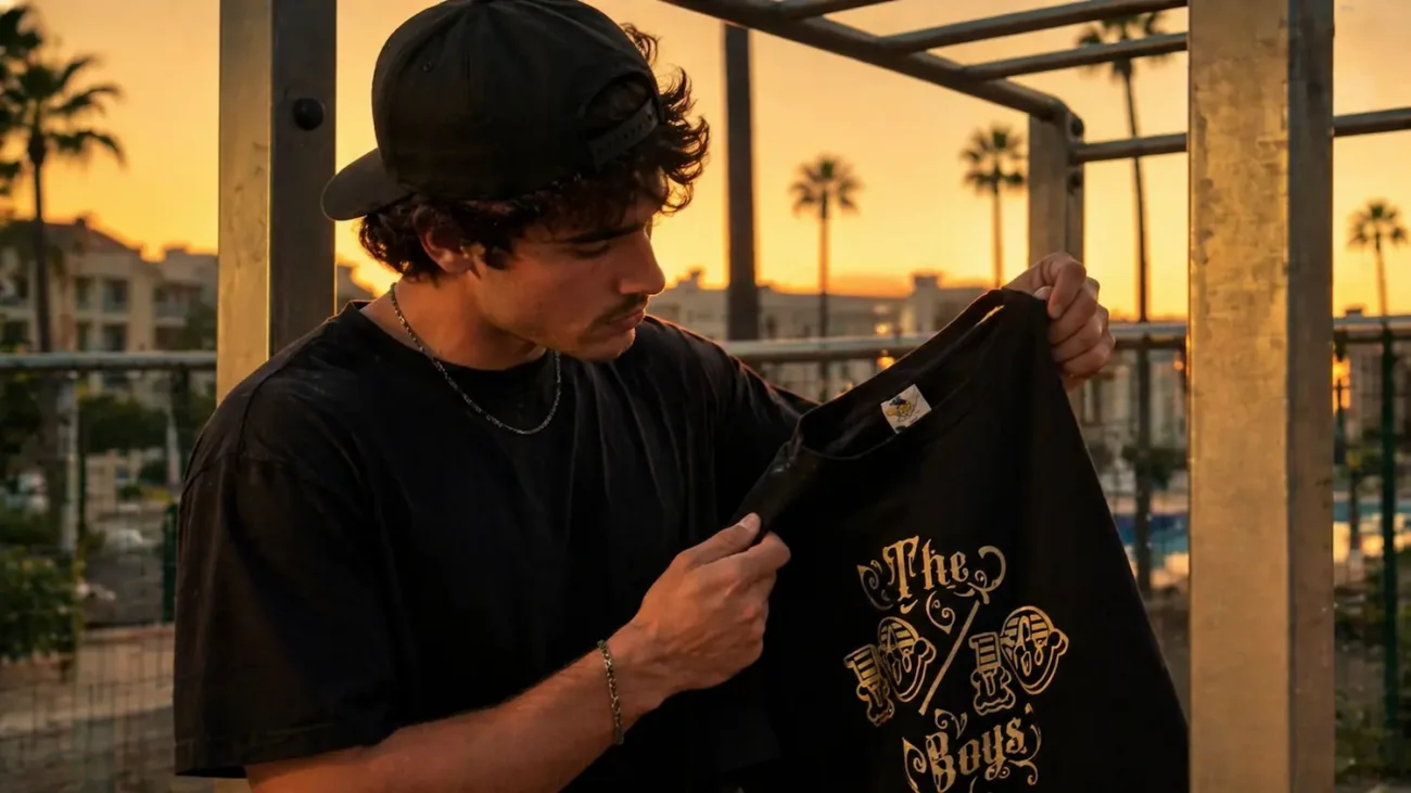 Person checking the quality of a The 10/10 Boys t-shirt to avoid fake The 10/10 Boys products