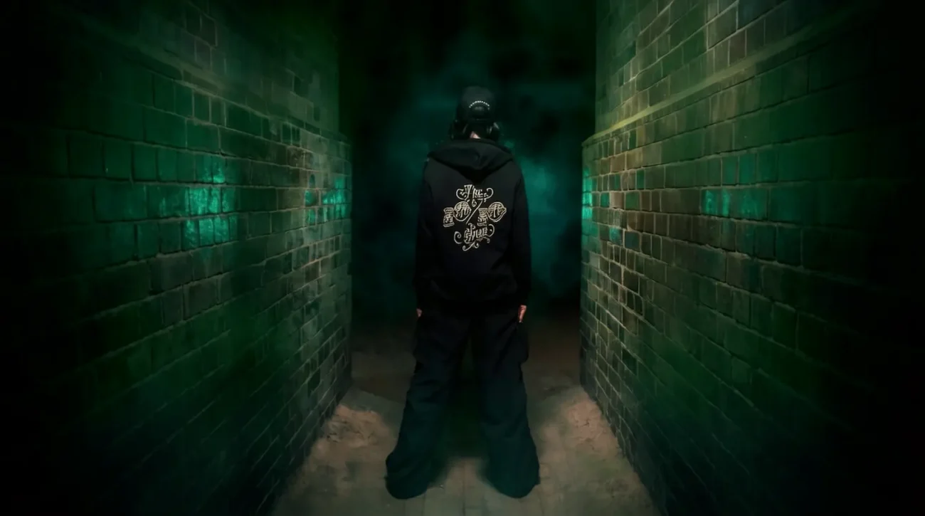 Dark streetwear outfit by The 10/10 Boys with black hoodie and wide-leg silhouette