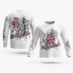 White long sleeve shirt with pink The 10/10 Boys artwork, front and back views
