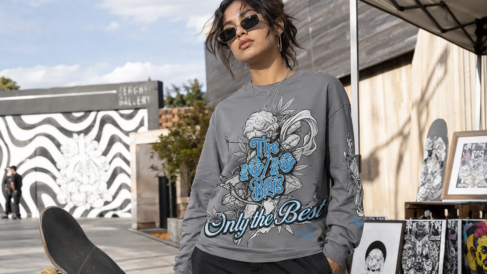 Grey 10/10 Boys long sleeve shirt with blue graphic worn at a skate spot, everyday premium streetwear long sleeve