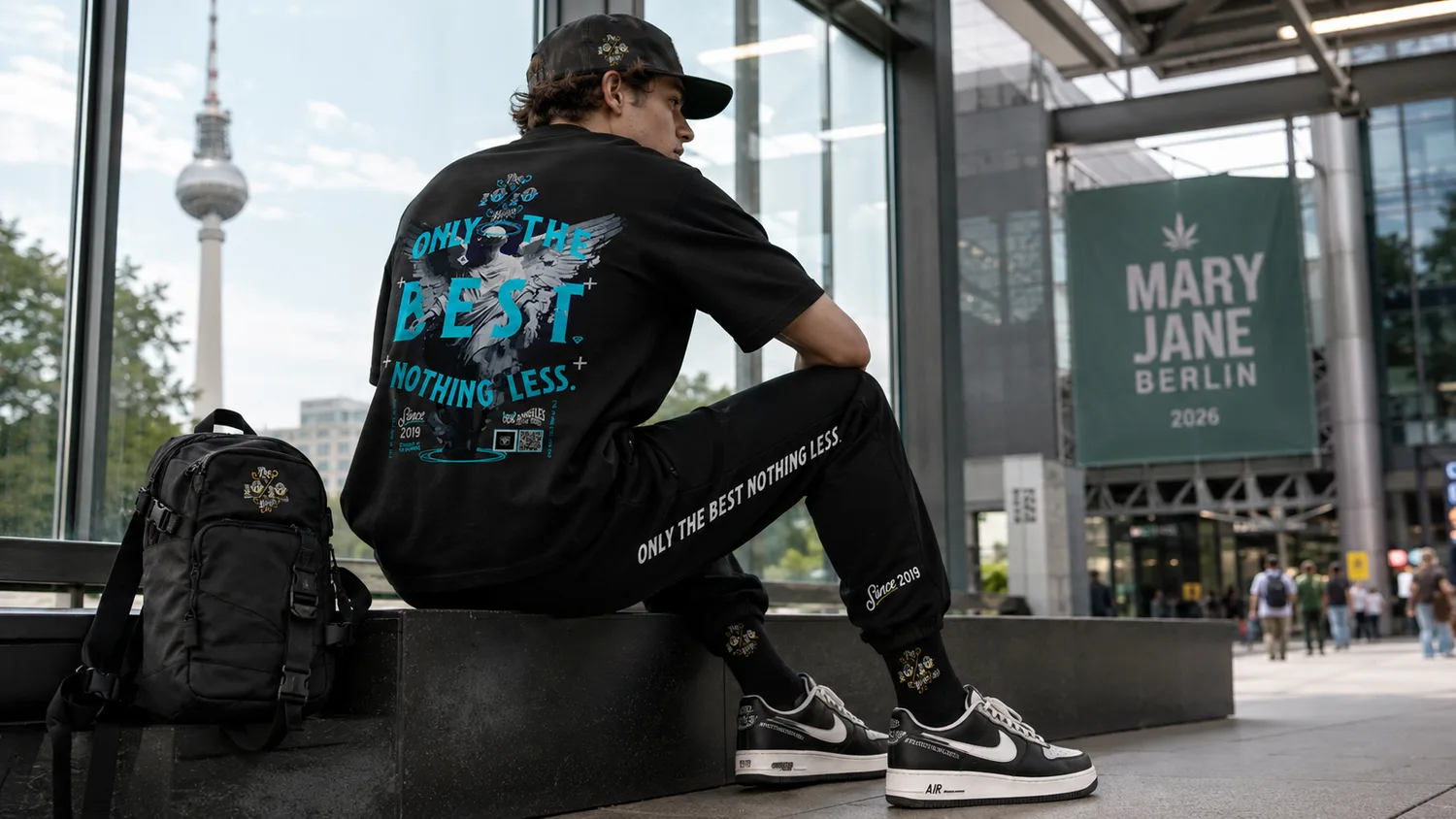 Mary Jane Berlin outfit — 10/10 Boys streetwear travel fits with the Berlin TV Tower in the background
