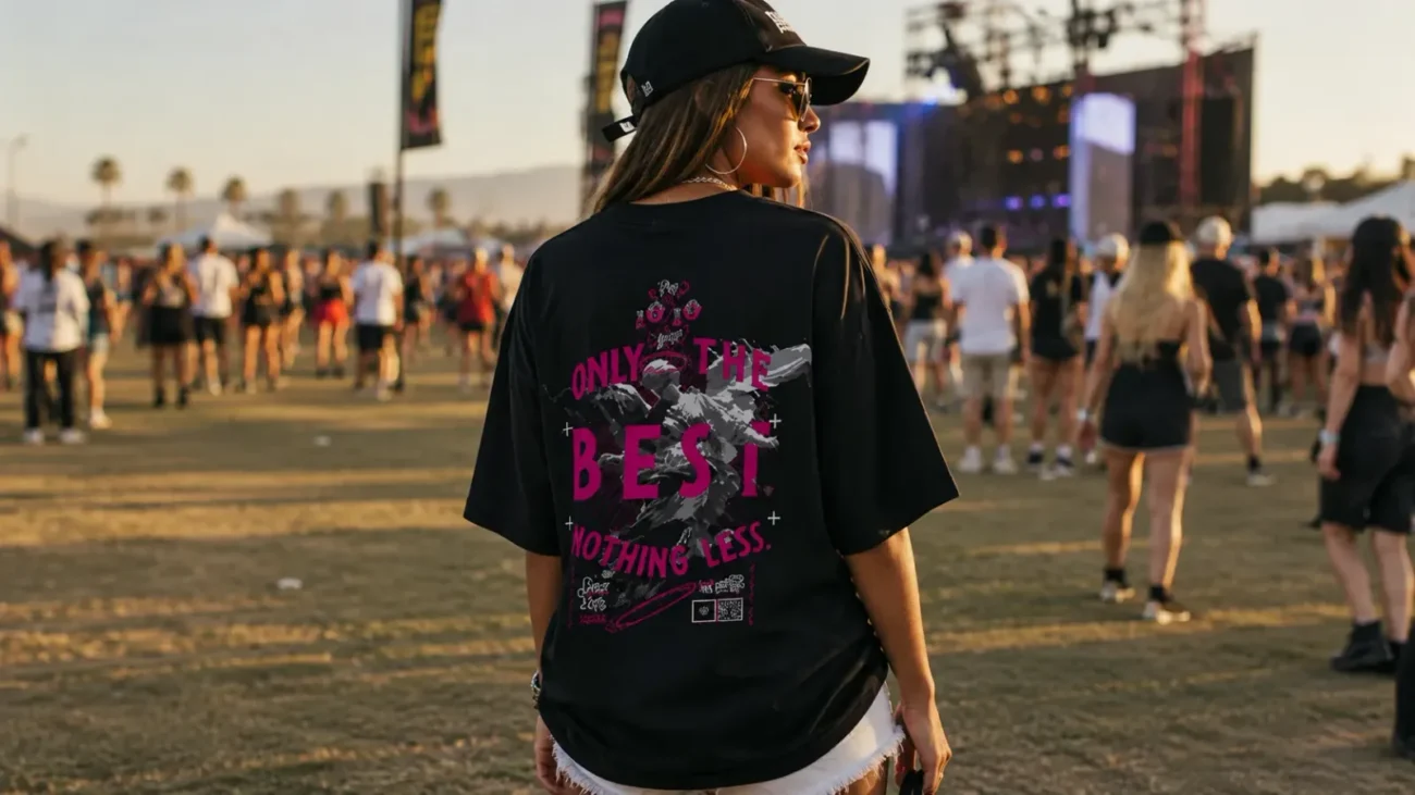 Summer event outfit by The 10/10 Boys — oversized black graphic tee worn at a festival, back view, golden hour