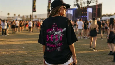Summer event outfit by The 10/10 Boys — oversized black graphic tee worn at a festival, back view, golden hour