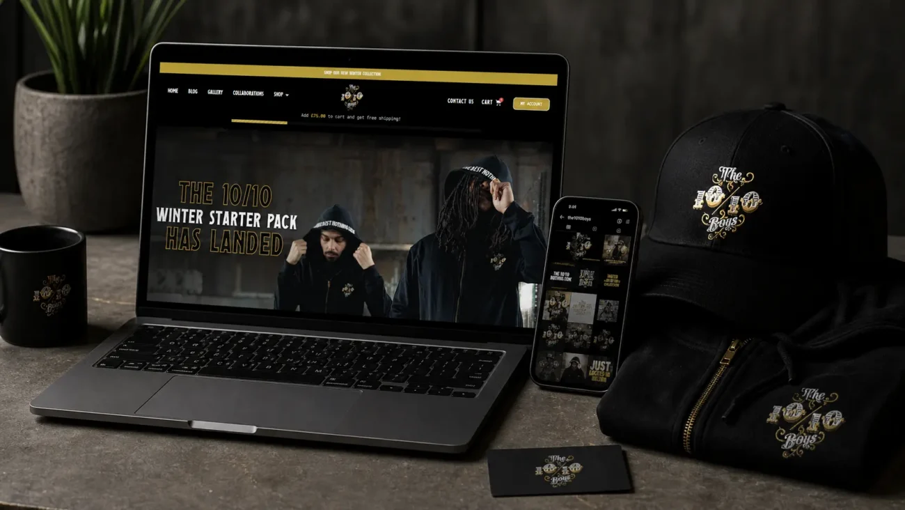 The 10/10 Boys product verification shown on phone with black streetwear apparel