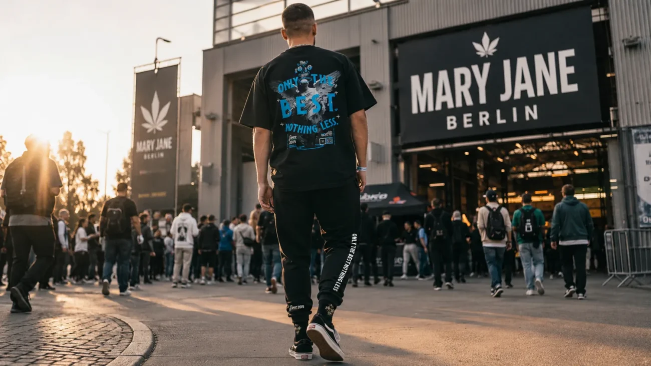 What to wear to Mary Jane Berlin 2026 — 10/10 Boys travel fit walking into the expo entrance