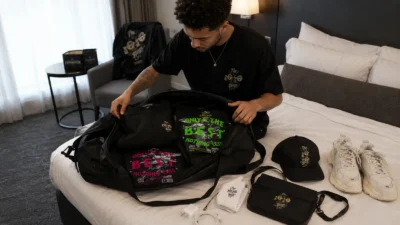 What to pack for a 3-day expo: The 10/10 Boys streetwear travel bag with folded graphic tees, a cap, sneakers and a crossbody bag on a hotel bed