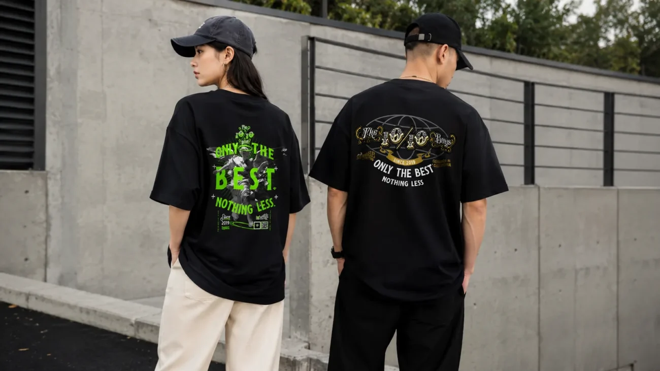 Two friends in black tees and caps showing a clean streetwear outfit built from three pieces