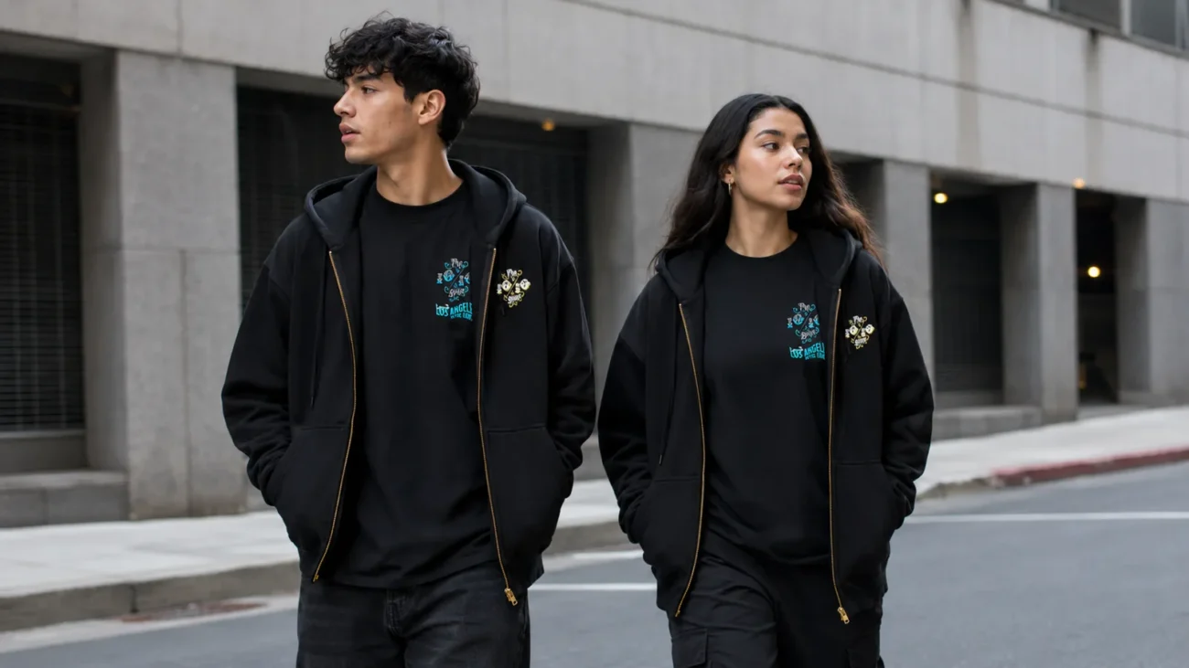Two people in matching black premium hoodies over tees showing a clean hoodie and t-shirt outfit on a city street