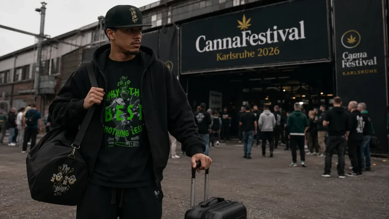 Streetwear travel fits in action: The 10/10 Boys hoodie, cap and luggage outside CannaFestival Karlsruhe 2026
