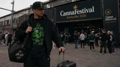 Streetwear travel fits in action: The 10/10 Boys hoodie, cap and luggage outside CannaFestival Karlsruhe 2026