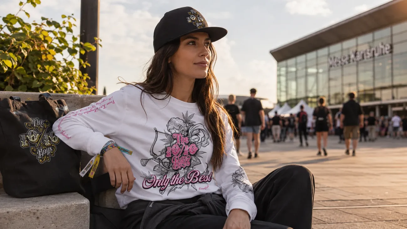 Woman in The 10/10 Boys white long-sleeve streetwear top and cap outside Messe Karlsruhe, the CannaFestival Karlsruhe 2026 venue