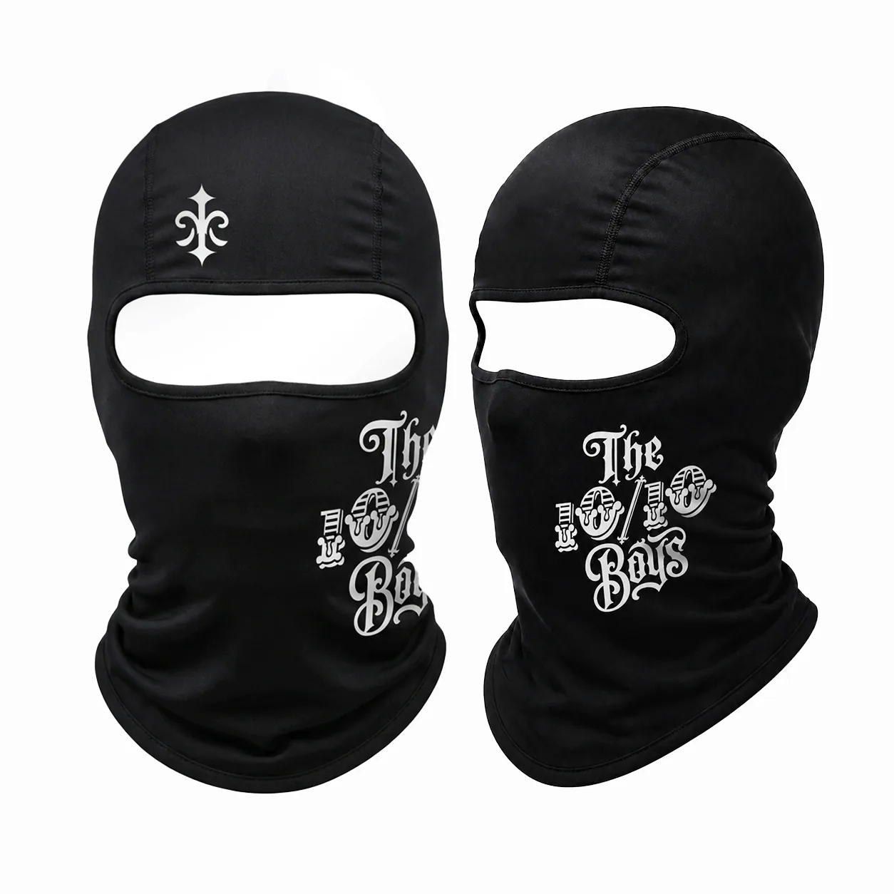 01-Style-1-Summer-Bally-Group-cover The 10/10 Boys Bally 01 in black — all angles of the fleur-de-lis balaclava shown together