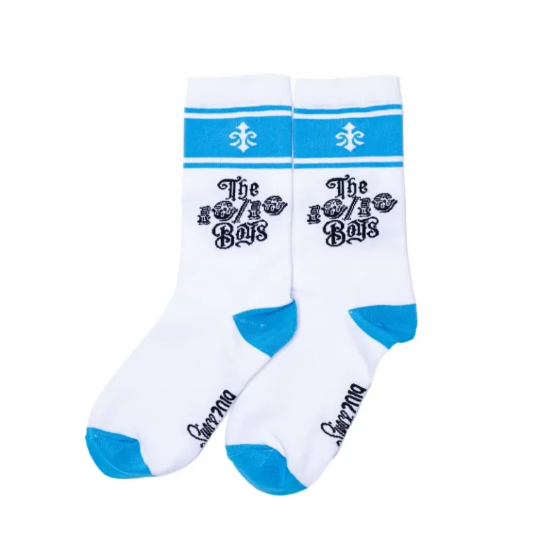 The 10/10 Boys Blue Socks — white crew sock with blue toe, heel and fleur-de-lis cuff stripe