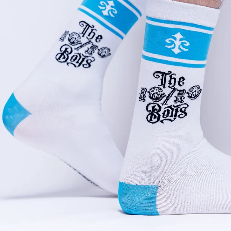 The 10/10 Boys Blue Socks worn — pair shown with blue cuff bands and 10/10 Boys logo