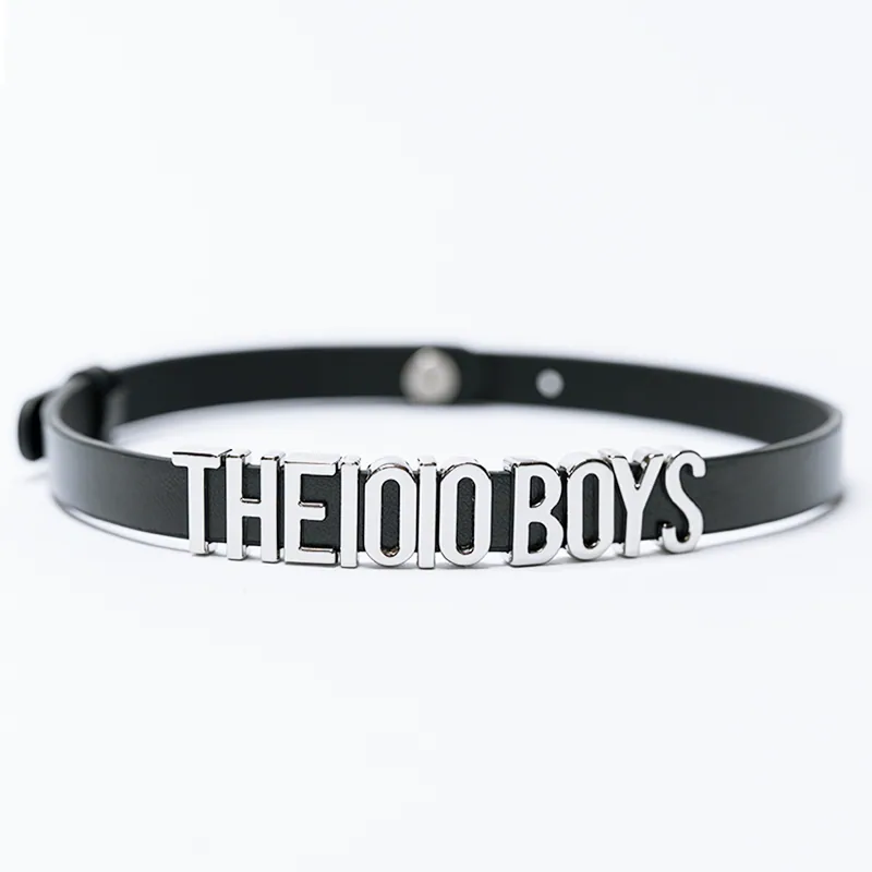 Chocker-1 The 10/10 Boys chocker — black leather choker with polished THE 10/10 BOYS metal nameplate