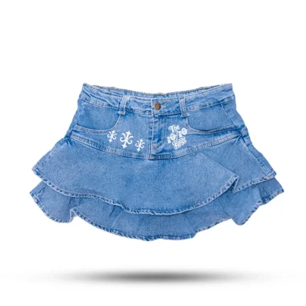 The 10/10 Boys denim skirt — front view of the light-wash tiered mini