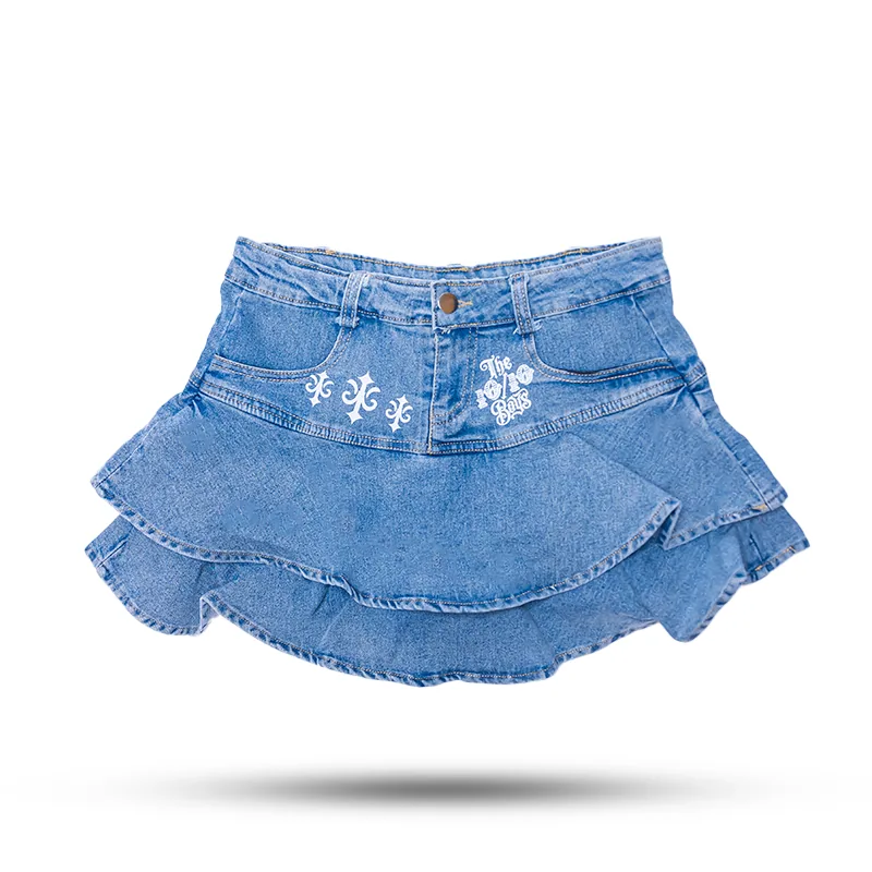 Female-Skirt-1 The 10/10 Boys denim skirt — front view of the light-wash tiered mini