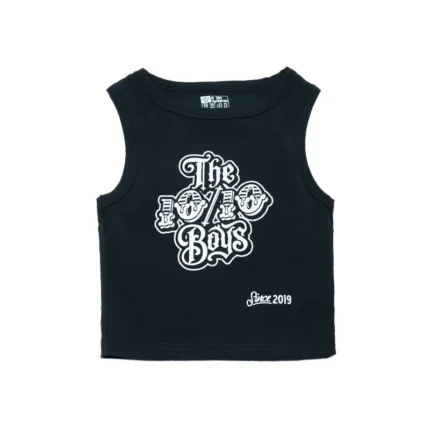 The 10/10 Boys crop top in black — front view with the white gothic 10/10 Boys logo