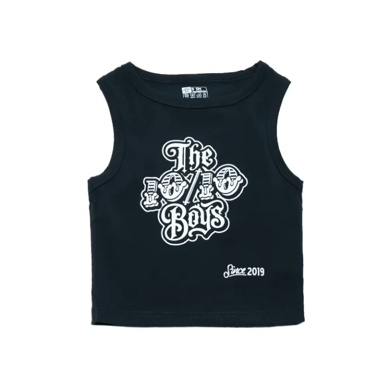 The 10/10 Boys crop top in black — front view with the white gothic 10/10 Boys logo