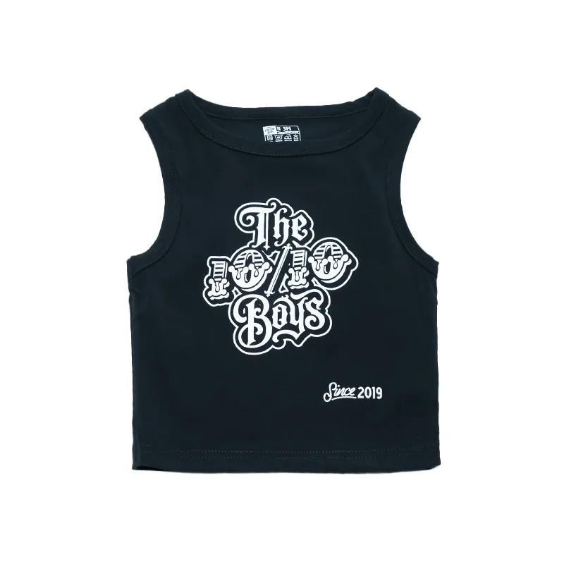 Female-Top-Black-1-Cover The 10/10 Boys crop top in black — front view with the white gothic 10/10 Boys logo