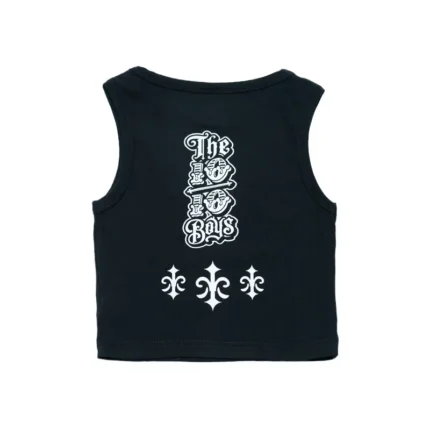 The 10/10 Boys black crop top — angled view of the fitted sleeveless cut