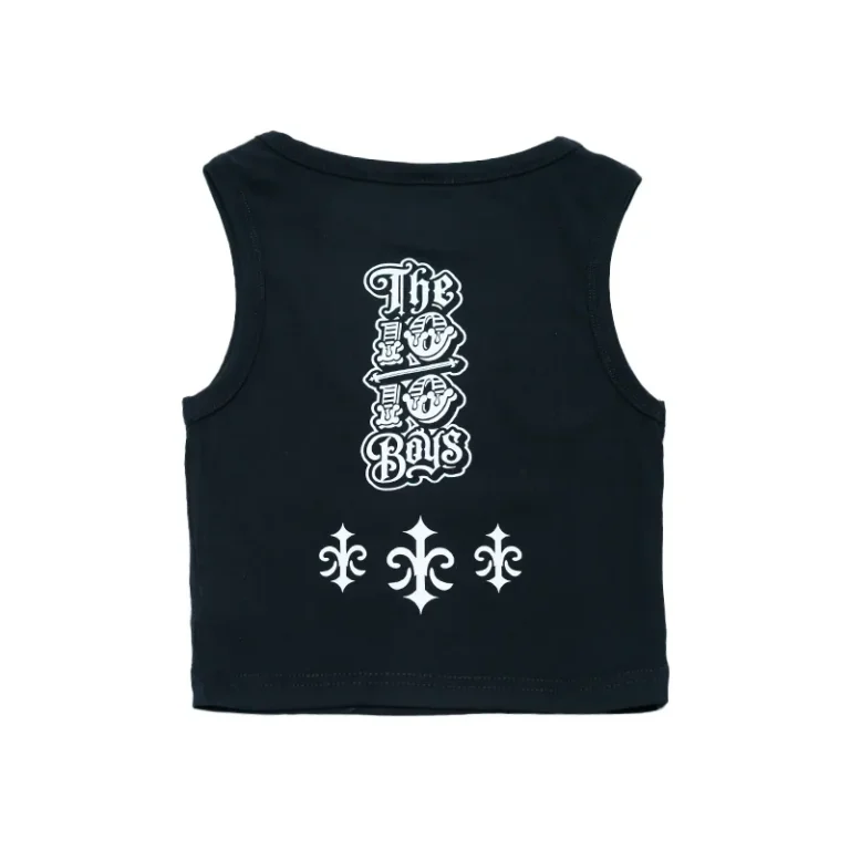 The 10/10 Boys black crop top — angled view of the fitted sleeveless cut