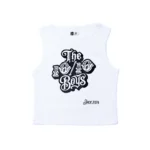 The 10/10 Boys crop top in white — front view with the black gothic 10/10 Boys logo