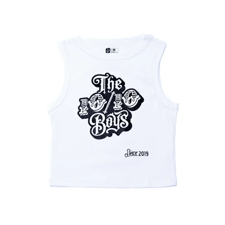 The 10/10 Boys crop top in white — front view with the black gothic 10/10 Boys logo