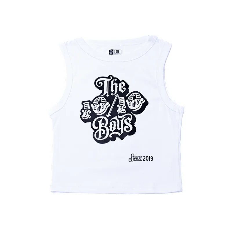 Female-Top-White-1-Cover The 10/10 Boys crop top in white — front view with the black gothic 10/10 Boys logo