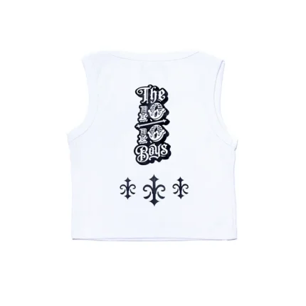 The 10/10 Boys white crop top — angled view of the fitted sleeveless cut
