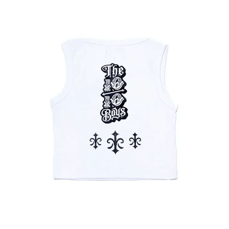 The 10/10 Boys white crop top — angled view of the fitted sleeveless cut