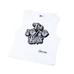 The 10/10 Boys white crop top — back view of the cropped sleeveless silhouette