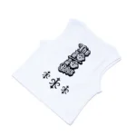 The 10/10 Boys white crop top — close detail of the gothic logo and since 2019 mark