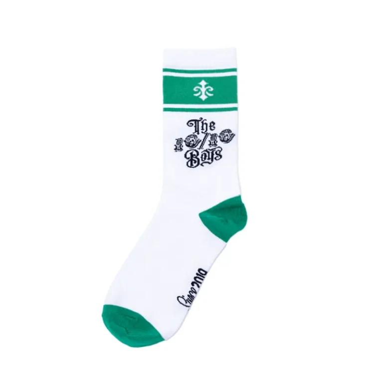 The 10/10 Boys Green Socks — white crew sock with green toe, heel and fleur-de-lis cuff stripe