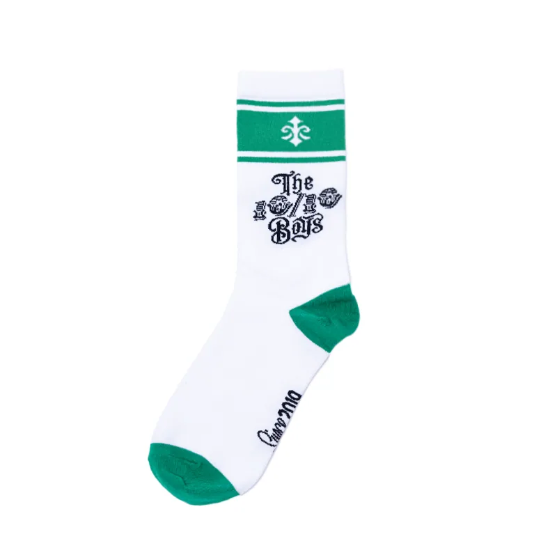 Green-Sock-1 The 10/10 Boys Green Socks — white crew sock with green toe, heel and fleur-de-lis cuff stripe