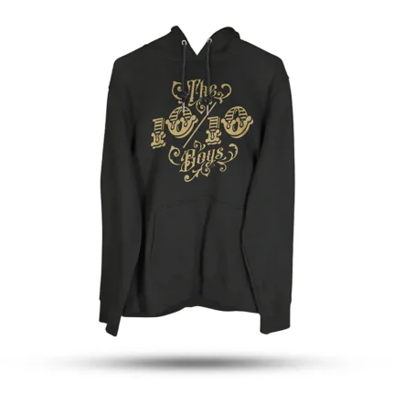 The 10/10 Boys OG Hoody in black — front view with the gold gothic 10/10 Boys chest logo