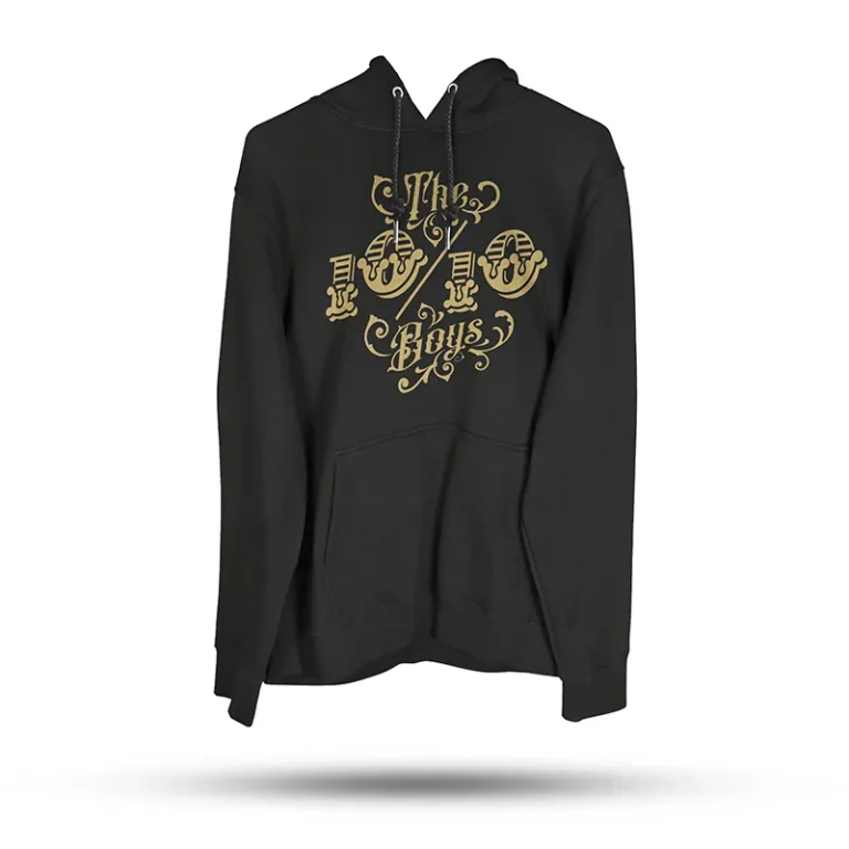 The 10/10 Boys OG Hoody in black — front view with the gold gothic 10/10 Boys chest logo