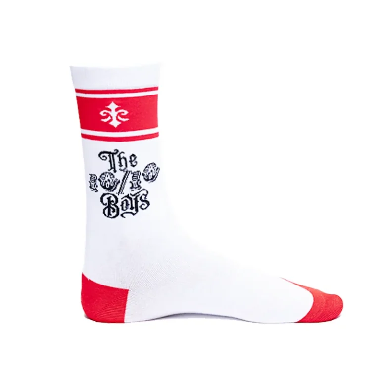 The 10/10 Boys Red Socks — white crew sock with red toe, heel and fleur-de-lis cuff stripe